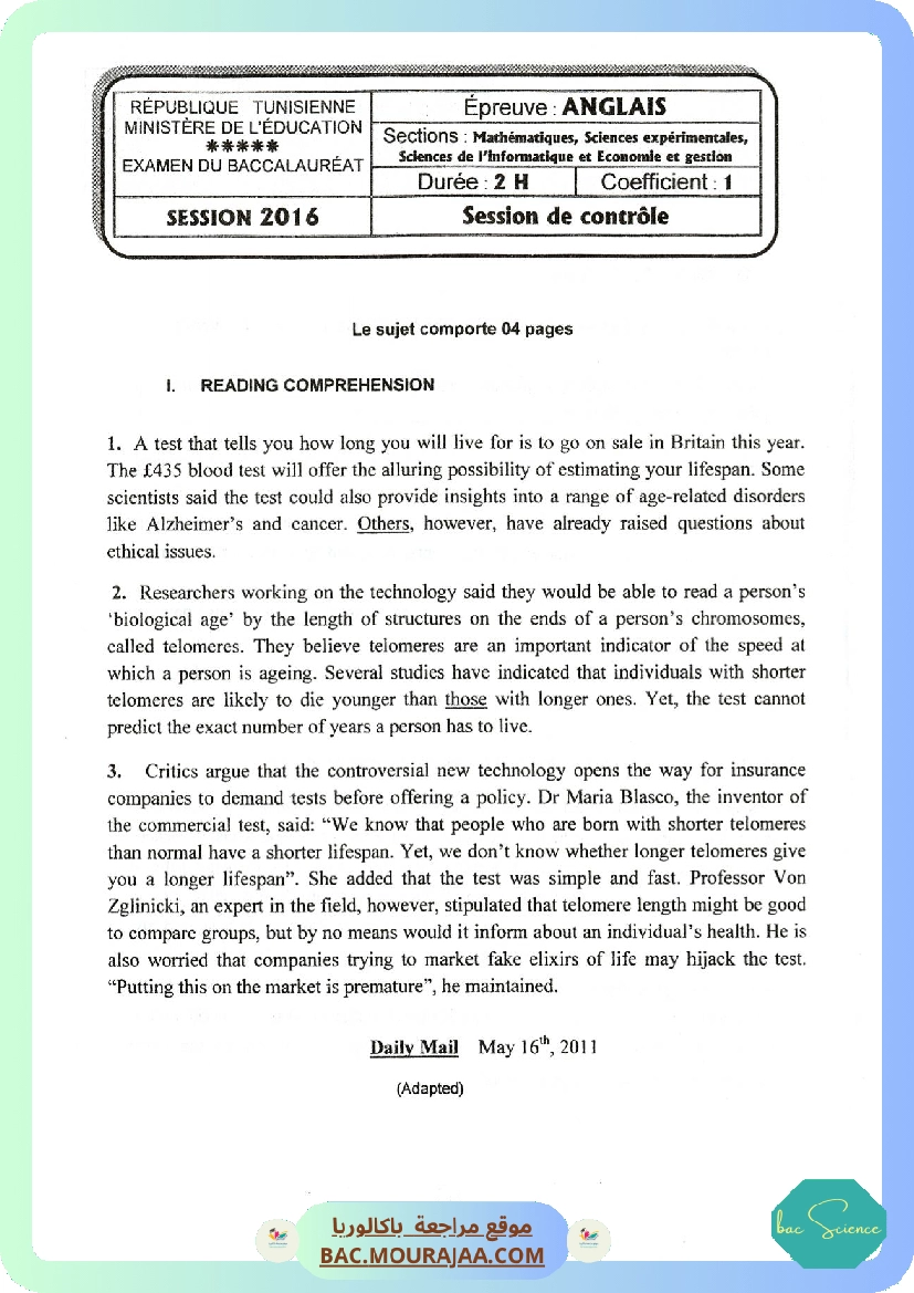 Sujet controle anglais Bac 2016 – Section science